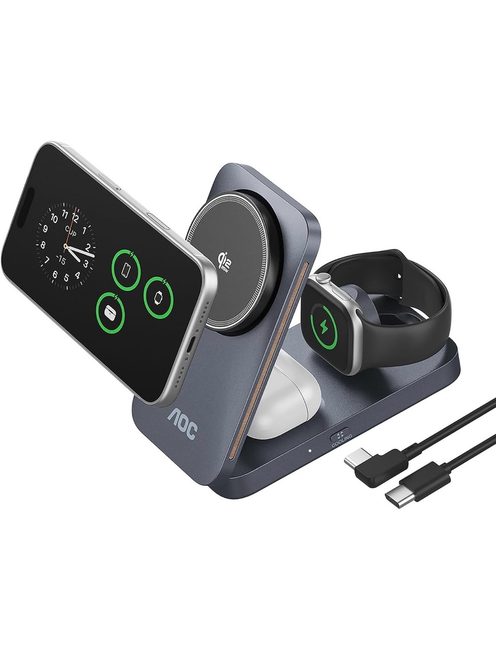 Amazon AOC Magnetic Phone & Watch Charger Stand in Dark Gray and Black